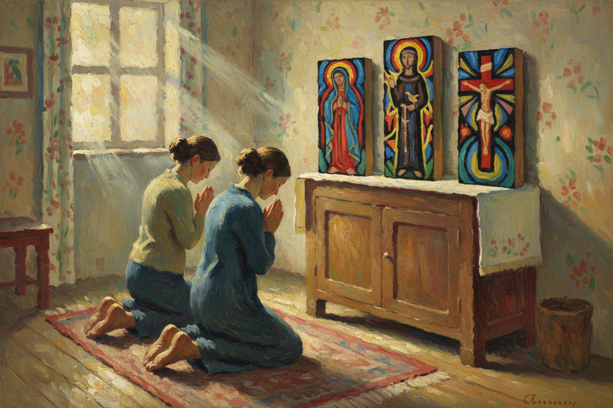 Create an painting in the 20th century impressionist style depicting a woman and man in their home paying homage to their catholic beliefs. The man and woman are kneeled in front of a humble home altar that showcase paintings made by me (wood blocks sanded illustrating catholic iconography in an expressionist folk art style